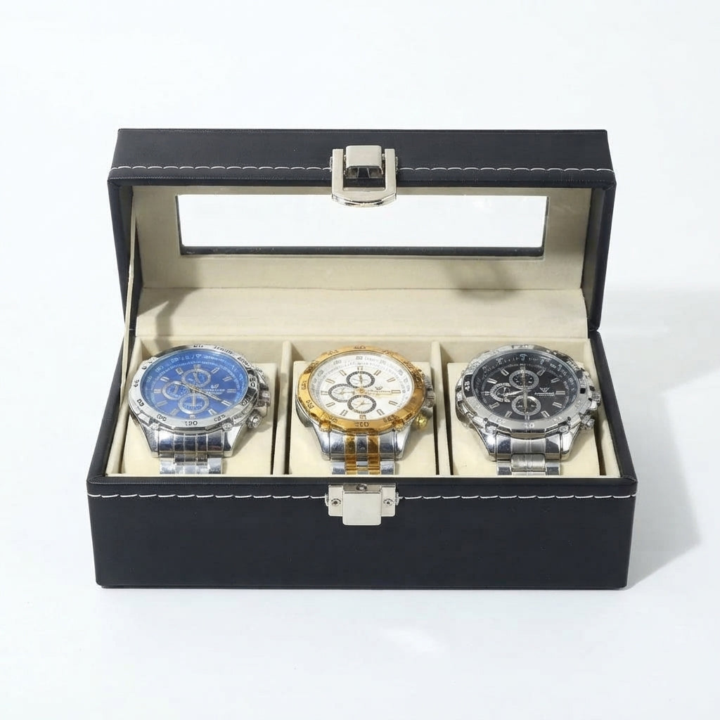Boîte à Montres 3 Compartiments – Élysée, vue de face sur fond clair, finition noire, avec montres