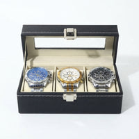 Boîte à Montres 3 Compartiments – Élysée, vue de face sur fond clair, finition noire, avec montres
