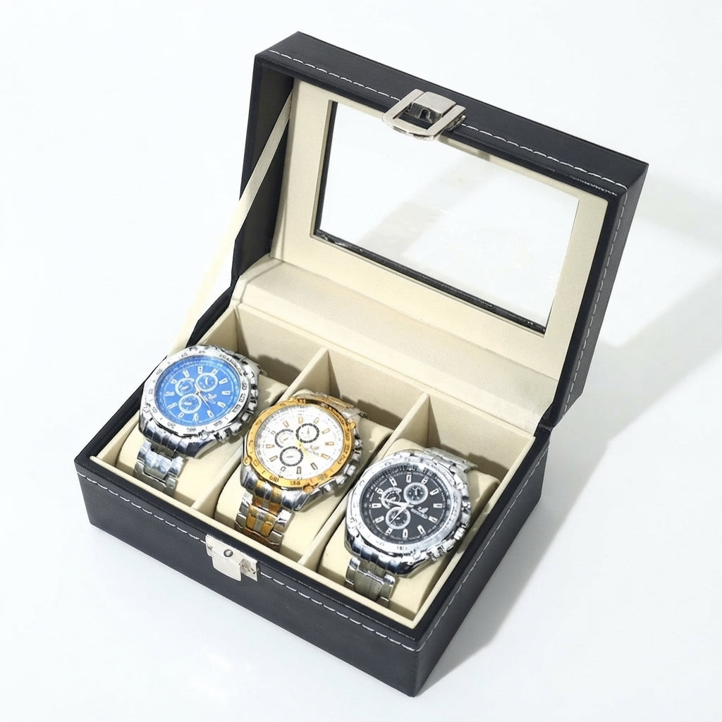 Boîte à Montres 3 Compartiments – Élysée, vue de trois quarts sur fond clair, finition noire, avec montres