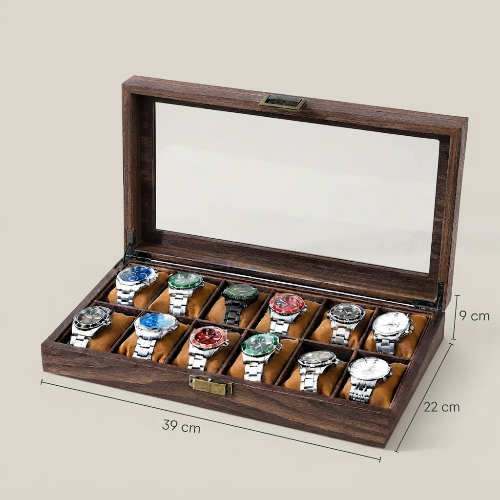Boîte à Montres 12 Compartiments – Jasmin, schéma des dimensions, finition noyer, avec montres