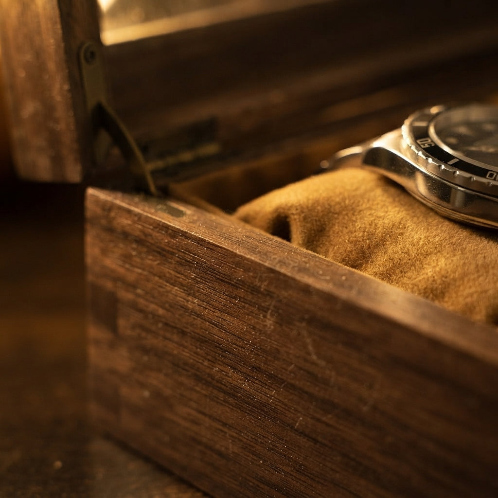 Boîte à Montres 12 Compartiments – Jasmin, gros plan sur les finitions, finition noyer, avec montres