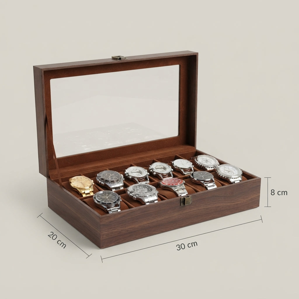 Boîte à Montres 12 Compartiments – Ranelagh, schéma des dimensions, finition brun foncé, avec montres