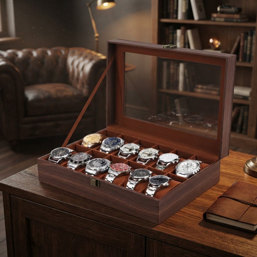 Boîte à Montres 12 Compartiments – Ranelagh, mise en situation sur un bureau en bois, finition brun foncé, avec montres