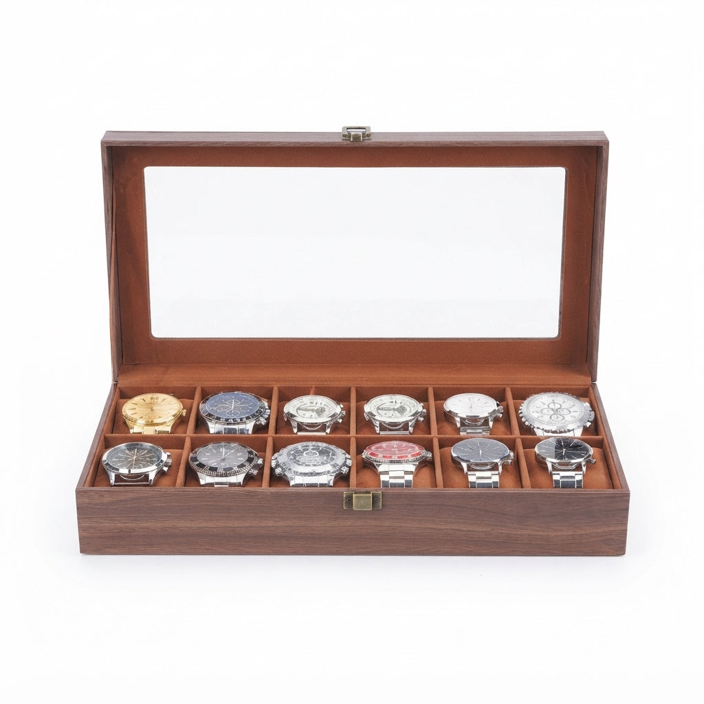 Boîte à Montres 12 Compartiments – Ranelagh, vue de face sur fond clair, finition brun foncé, avec montres