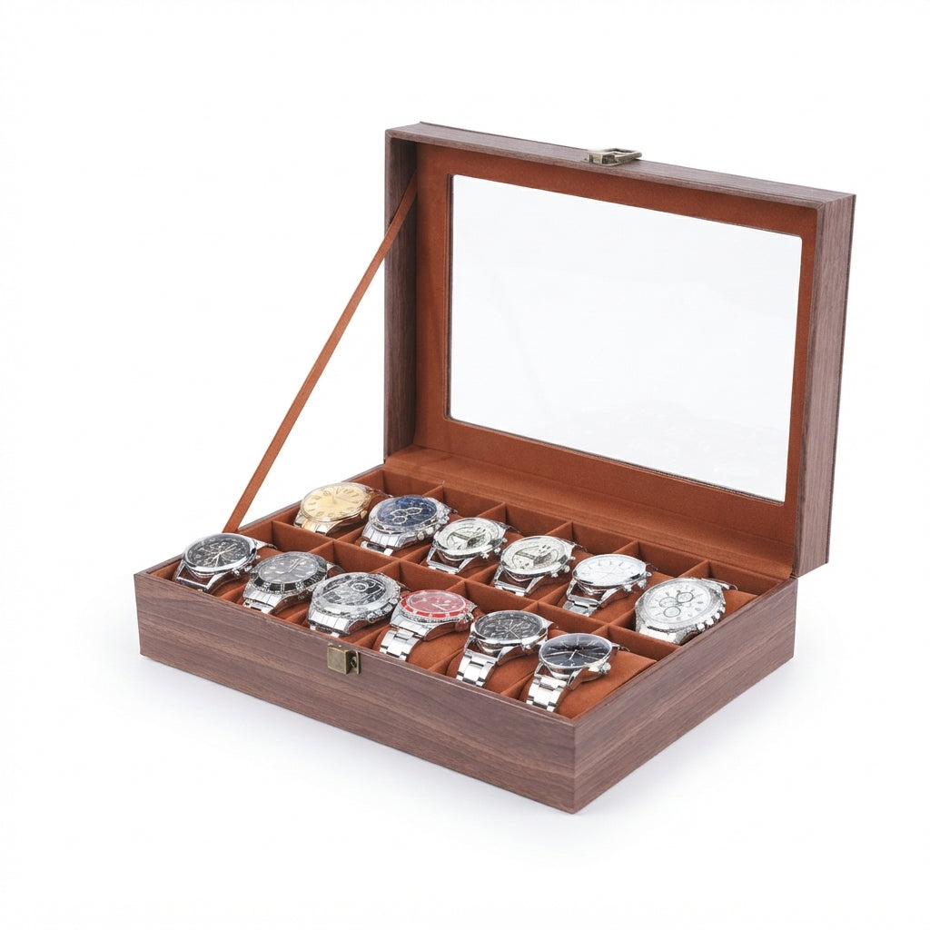 Boîte à Montres 12 Compartiments – Ranelagh, vue de trois quarts sur fond clair, finition brun foncé, avec montres