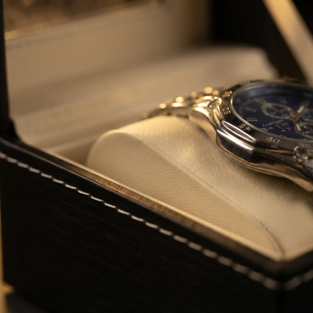 Boîte à Montres 2 Compartiments – Cluny, gros plan sur les finitions, finition noire, avec montres