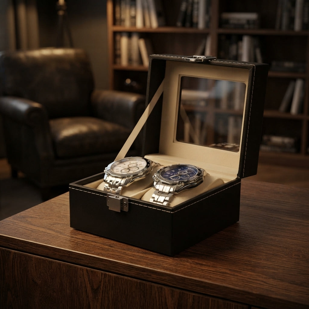Boîte à Montres 2 Compartiments – Cluny, mise en situation sur un bureau en bois, finition noire, avec montres