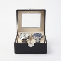 Boîte à Montres 2 Compartiments – Cluny, vue de face sur fond clair, finition noire, avec montres