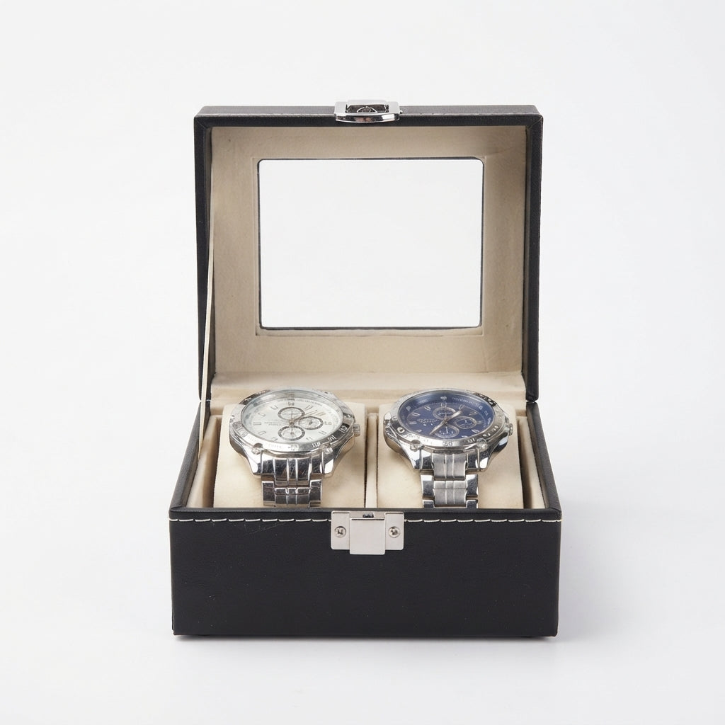 Boîte à Montres 2 Compartiments – Cluny, vue de face sur fond clair, finition noire, avec montres