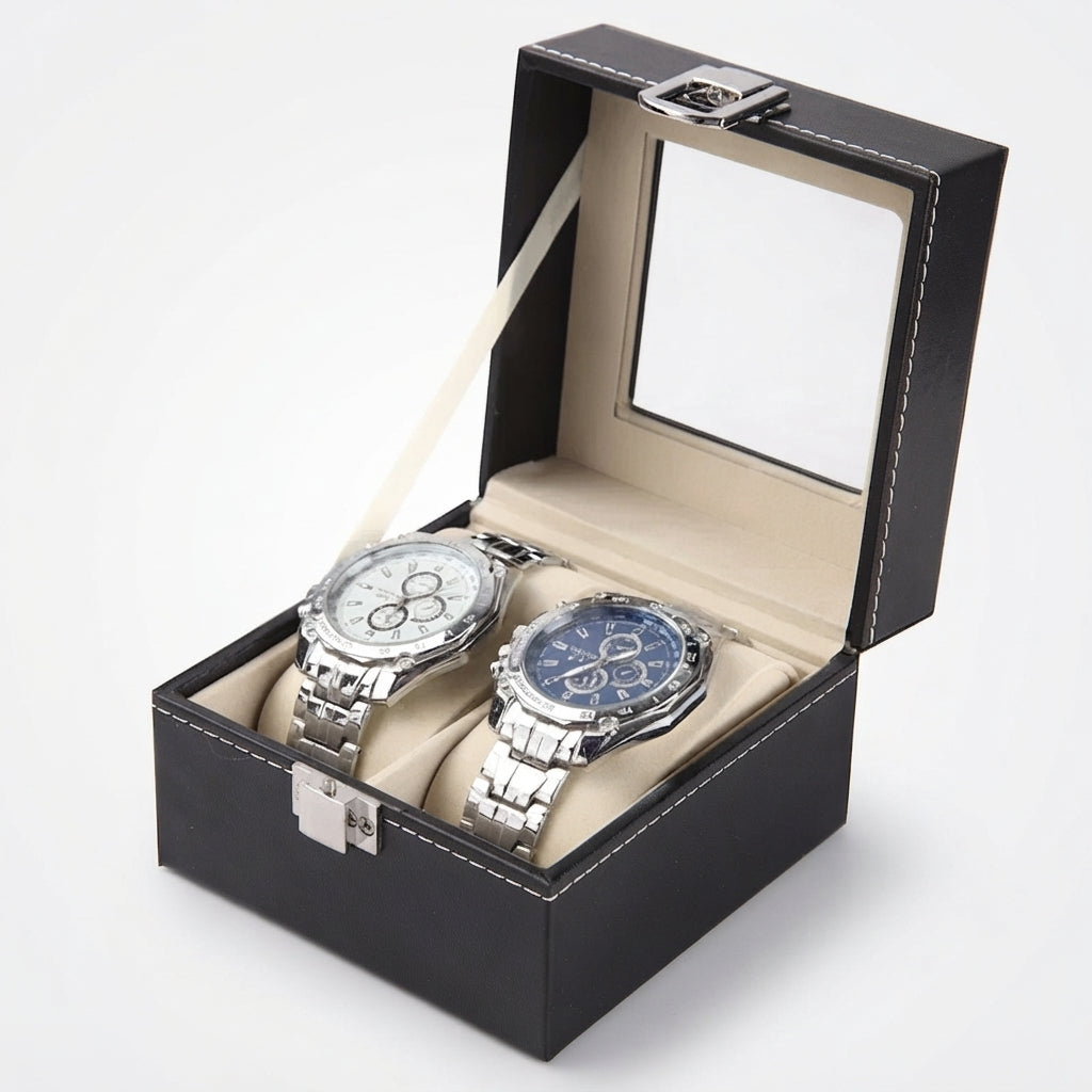 Boîte à Montres 2 Compartiments – Cluny, vue de trois quarts sur fond clair, finition noire, avec montres