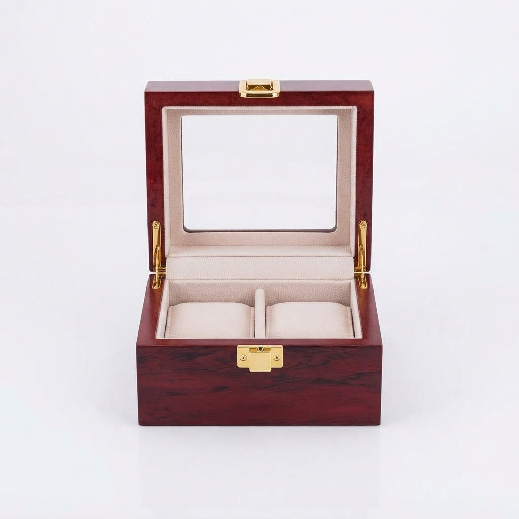 Boîte à Montres 2 Compartiments – Passy, vue de face sur fond clair, finition bois laqué bordeaux