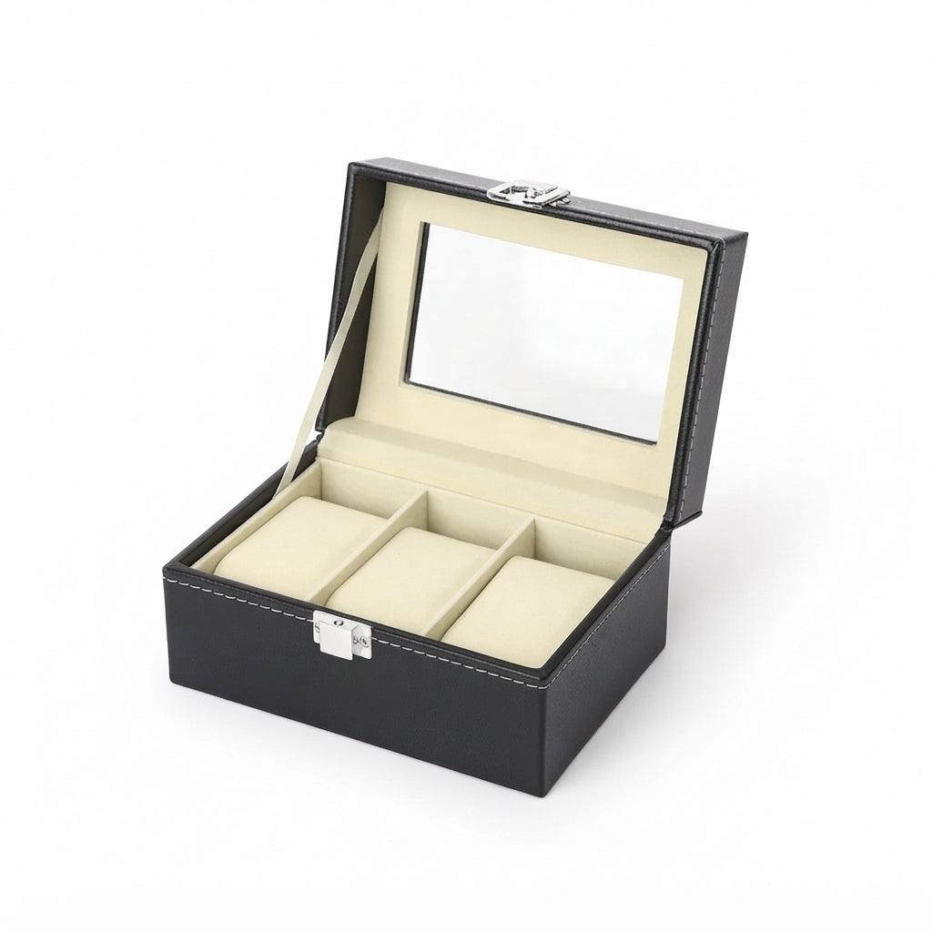 Boîte à Montres 3 Compartiments – Cluny, vue de trois quarts sur fond clair, finition noire