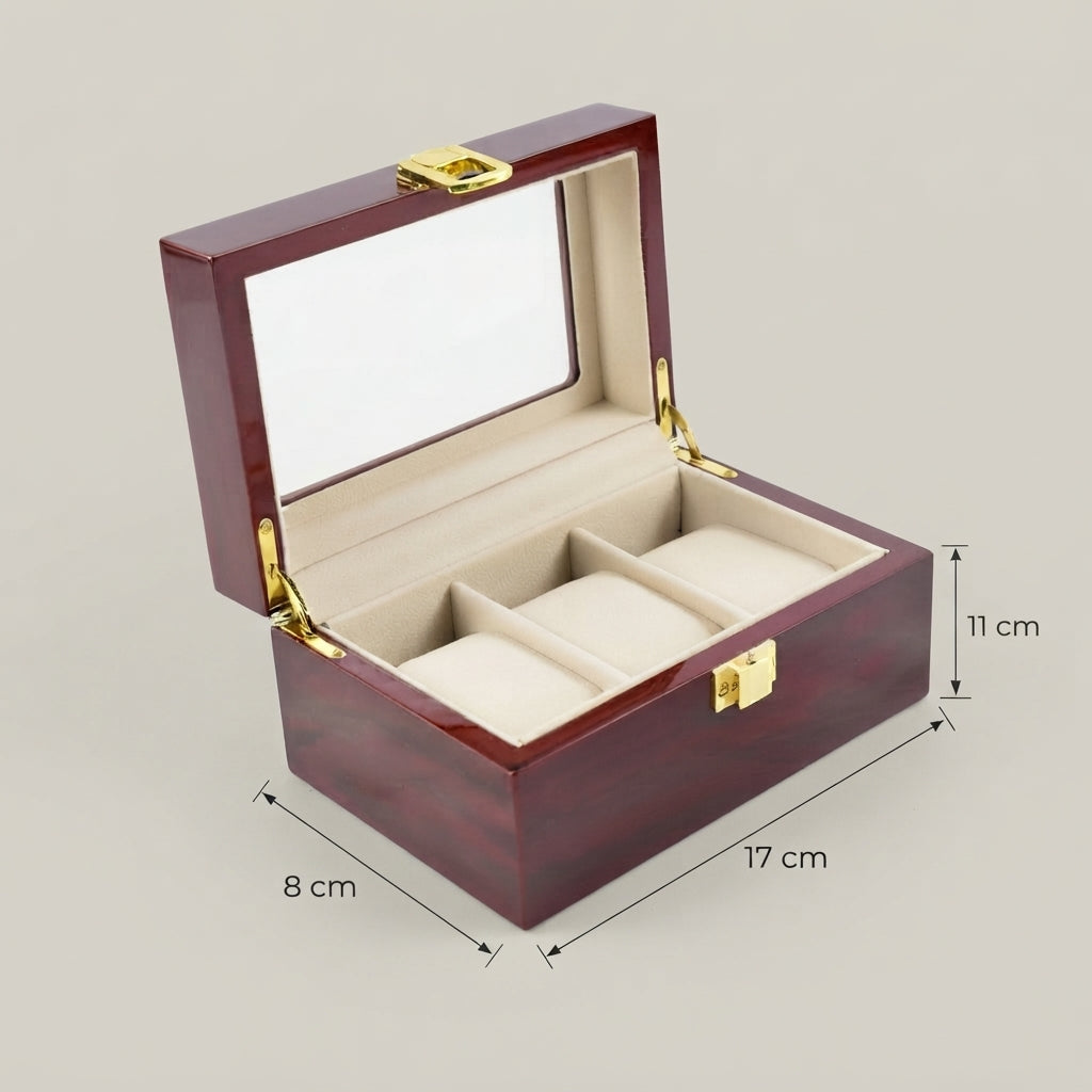 Boîte à Montres 3 Compartiments – Invalides, schéma des dimensions, finition bois laqué bordeaux