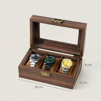 Boîte à Montres 3 Compartiments – Jasmin, schéma des dimensions, finition noyer, avec montres