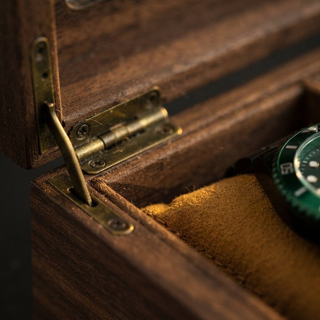 Boîte à Montres 3 Compartiments – Jasmin, gros plan sur les finitions, finition noyer, avec montres