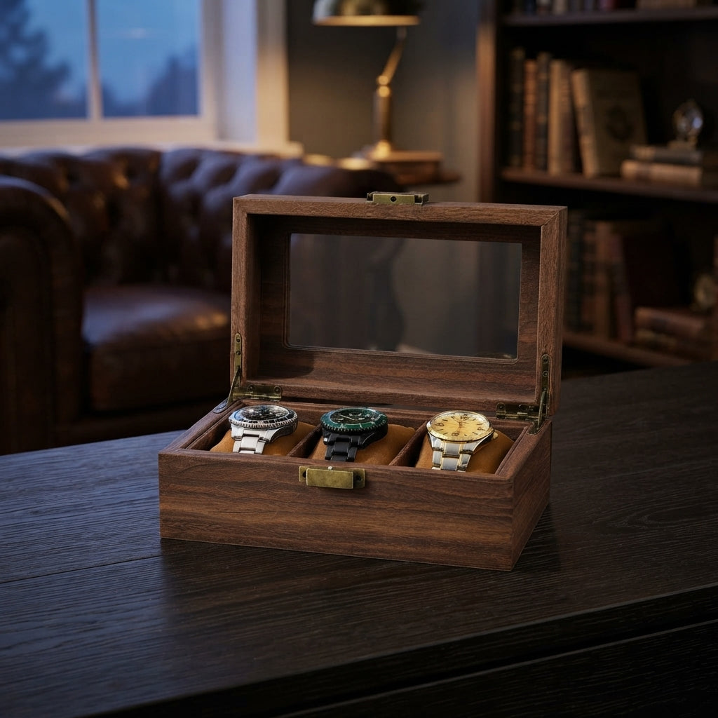 Boîte à Montres 3 Compartiments – Jasmin, mise en situation sur un bureau en bois, finition noyer, avec montres
