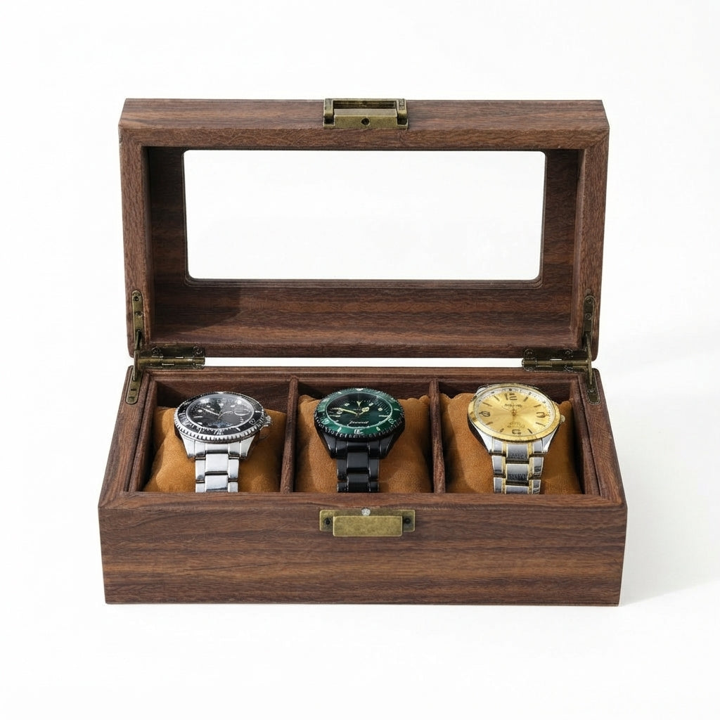 Boîte à Montres 3 Compartiments – Jasmin, vue de face sur fond clair, finition noyer, avec montres
