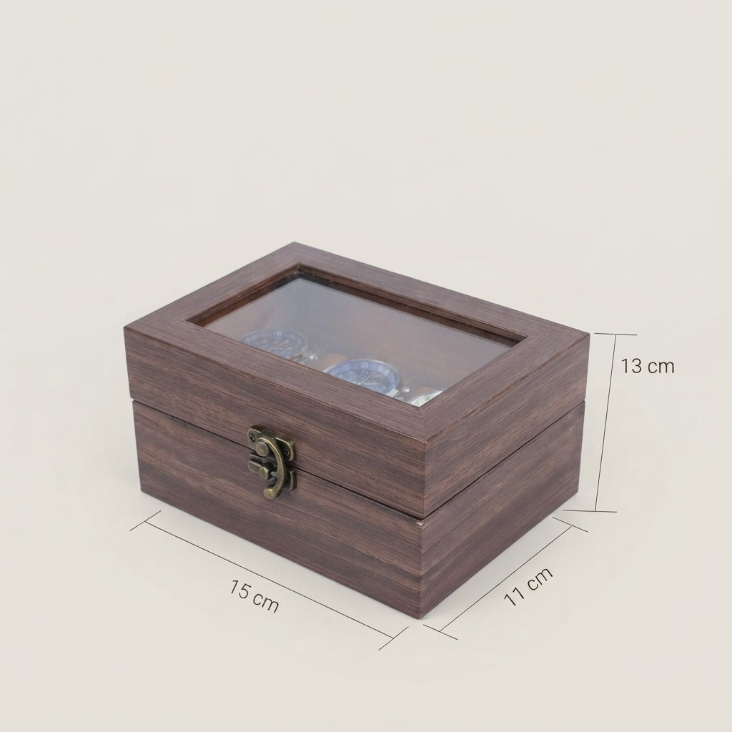 Boîte à Montres 3 Compartiments – Ranelagh, schéma des dimensions, finition brun foncé, fermée