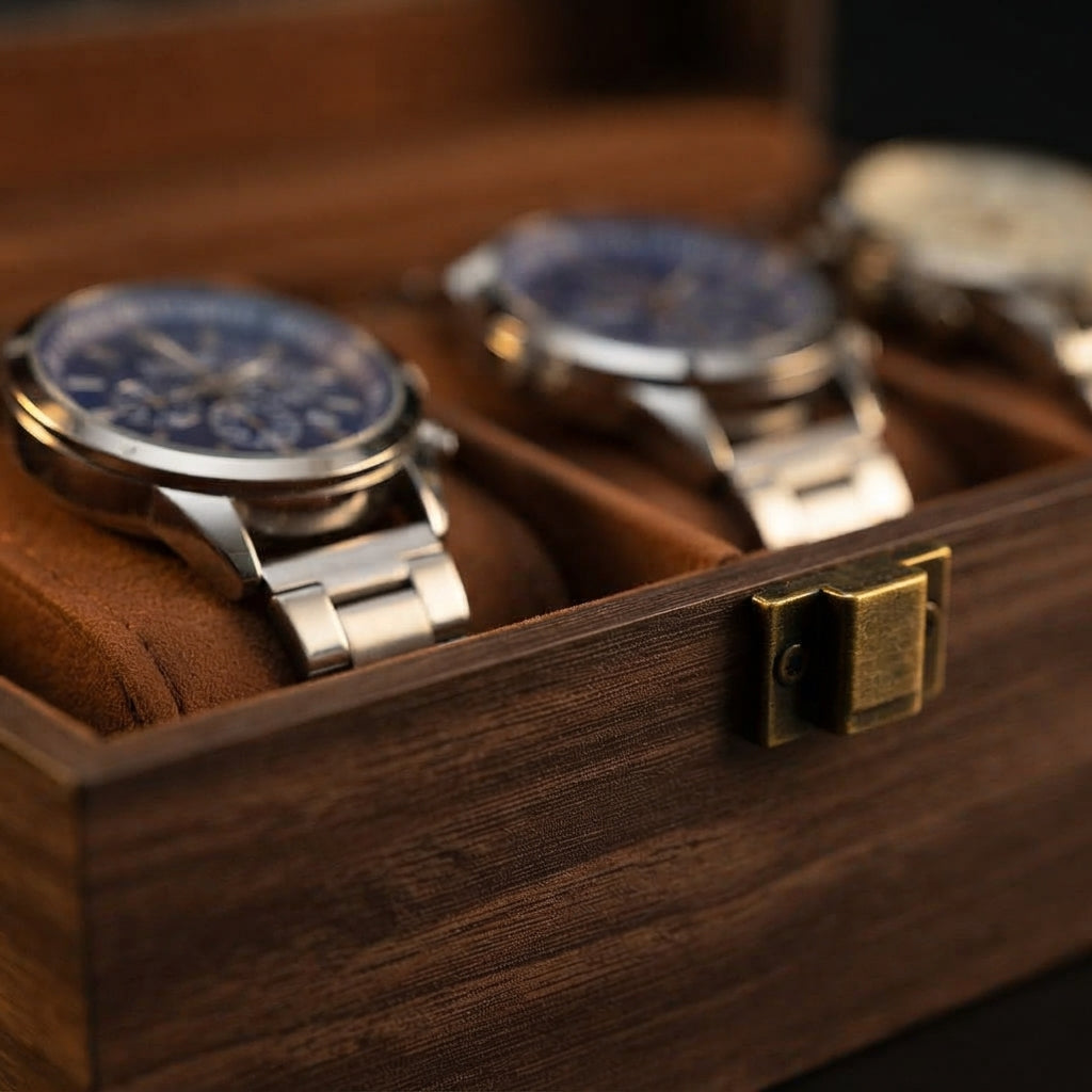 Boîte à Montres 3 Compartiments – Ranelagh, gros plan sur les finitions, finition brun foncé, avec montres