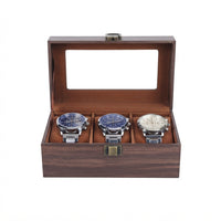 Boîte à Montres 3 Compartiments – Ranelagh, vue de face sur fond clair, finition brun foncé, avec montres