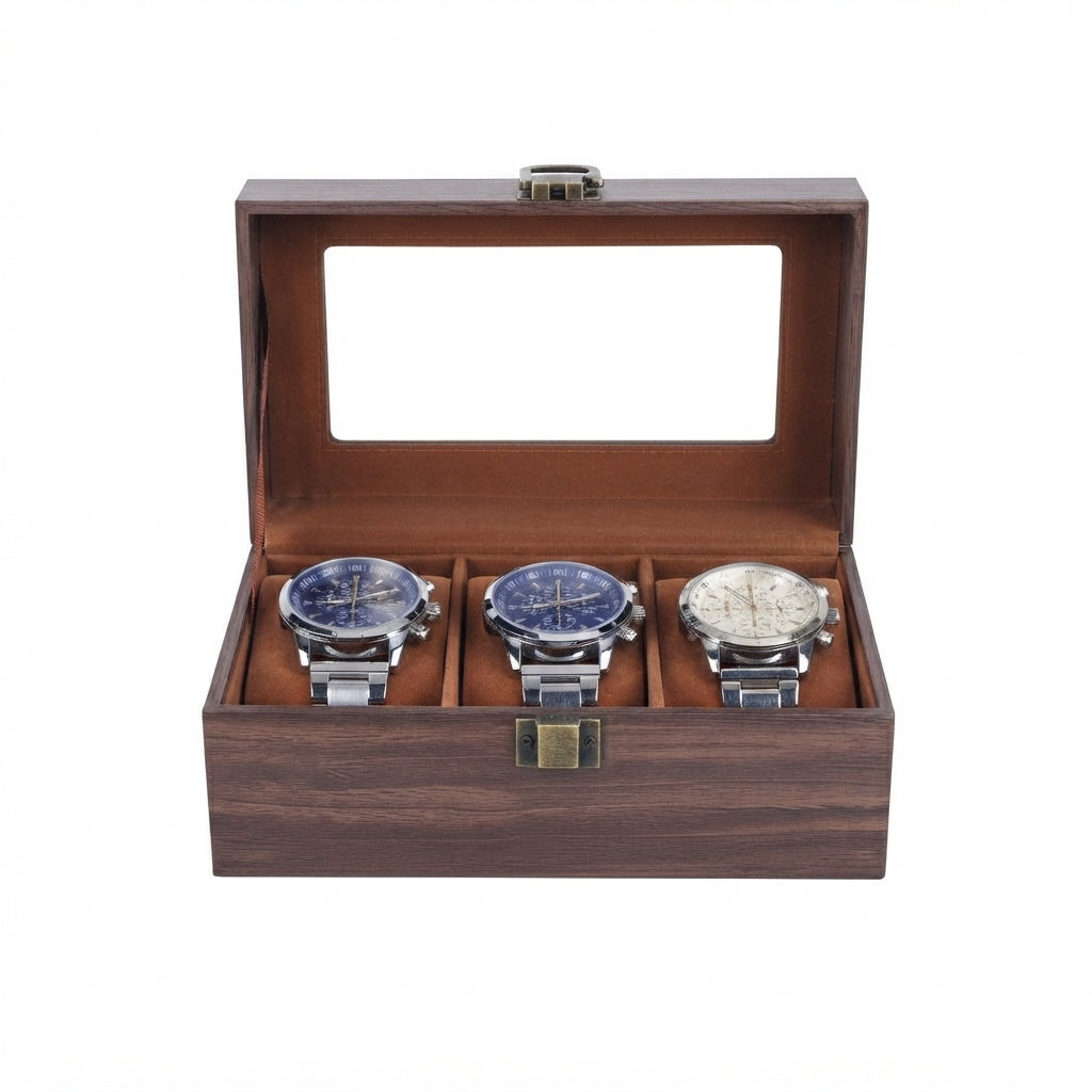 Boîte à Montres 3 Compartiments – Ranelagh, vue de face sur fond clair, finition brun foncé, avec montres