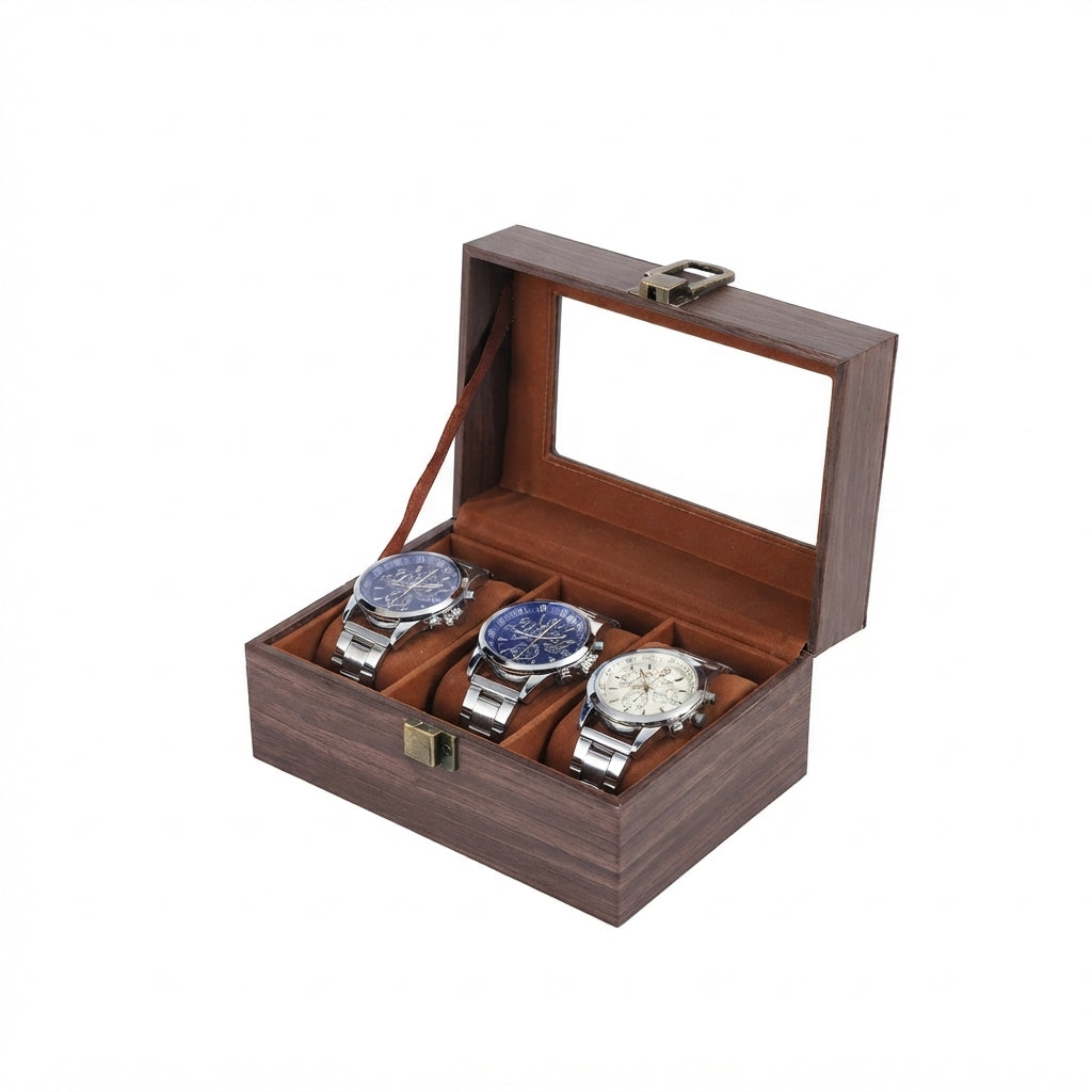 Boîte à Montres 3 Compartiments – Ranelagh, vue de trois quarts sur fond clair, finition brun foncé, avec montres