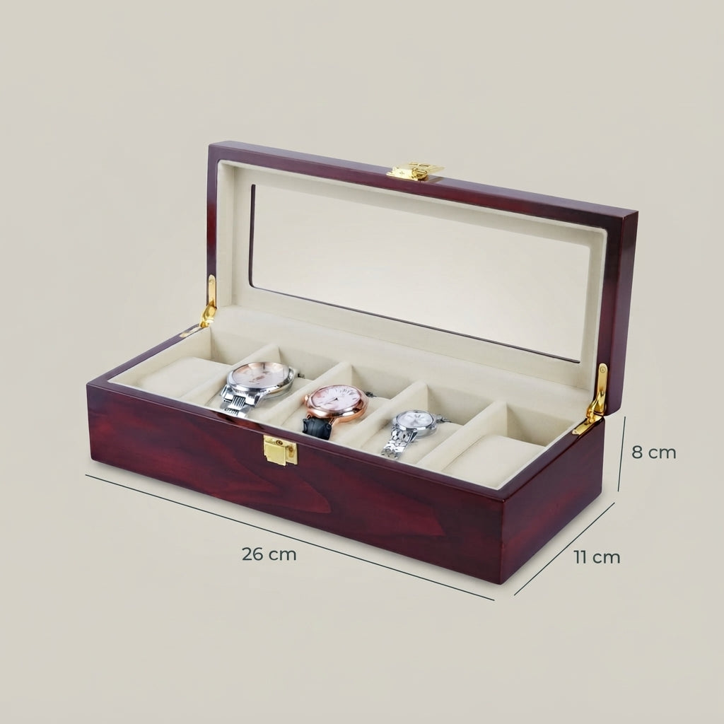 Boîte à Montres 5 Compartiments – Palais-Royal, schéma des dimensions, finition bois laqué bordeaux, avec montres