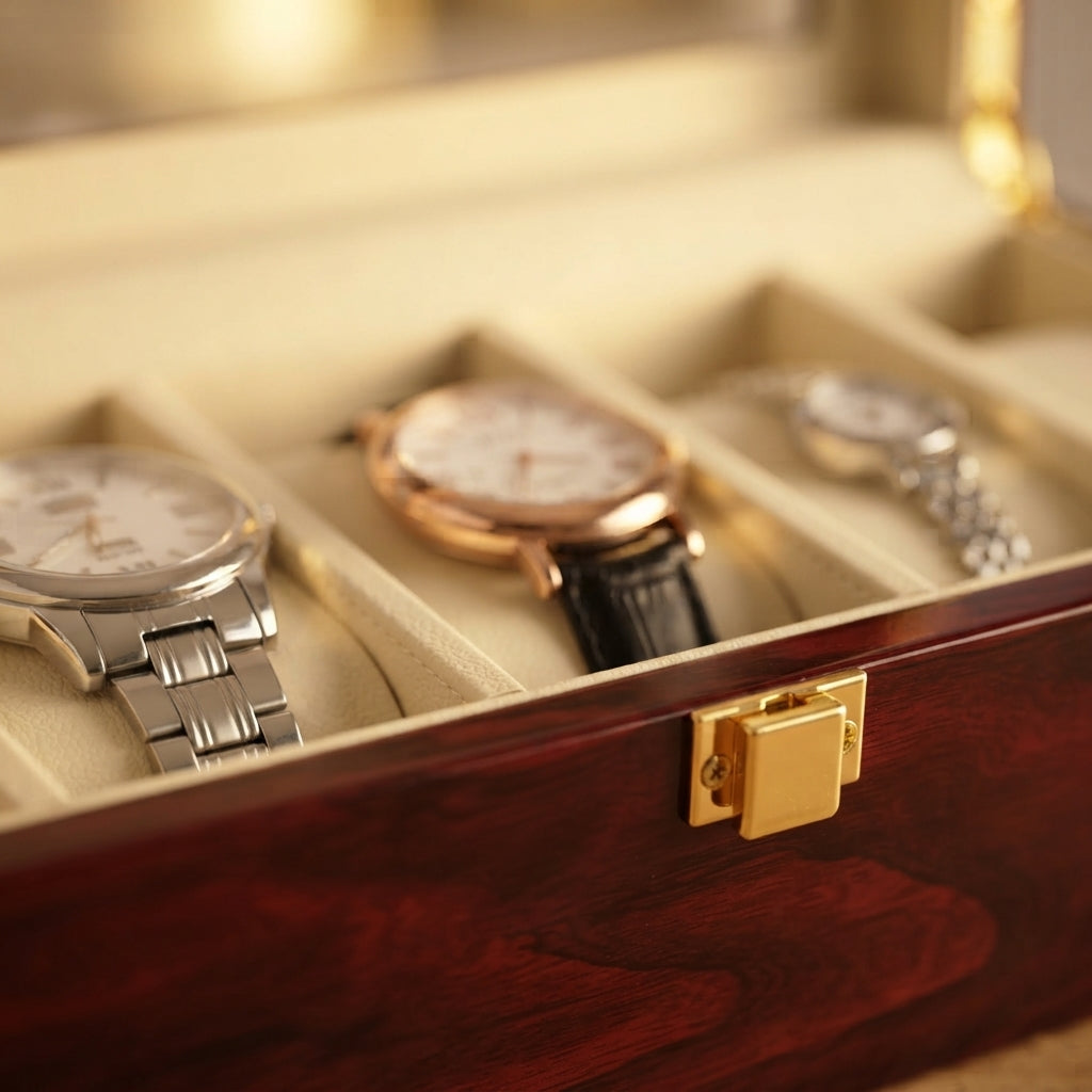 Boîte à Montres 5 Compartiments – Palais-Royal, gros plan sur les finitions, finition bois laqué bordeaux, avec montres