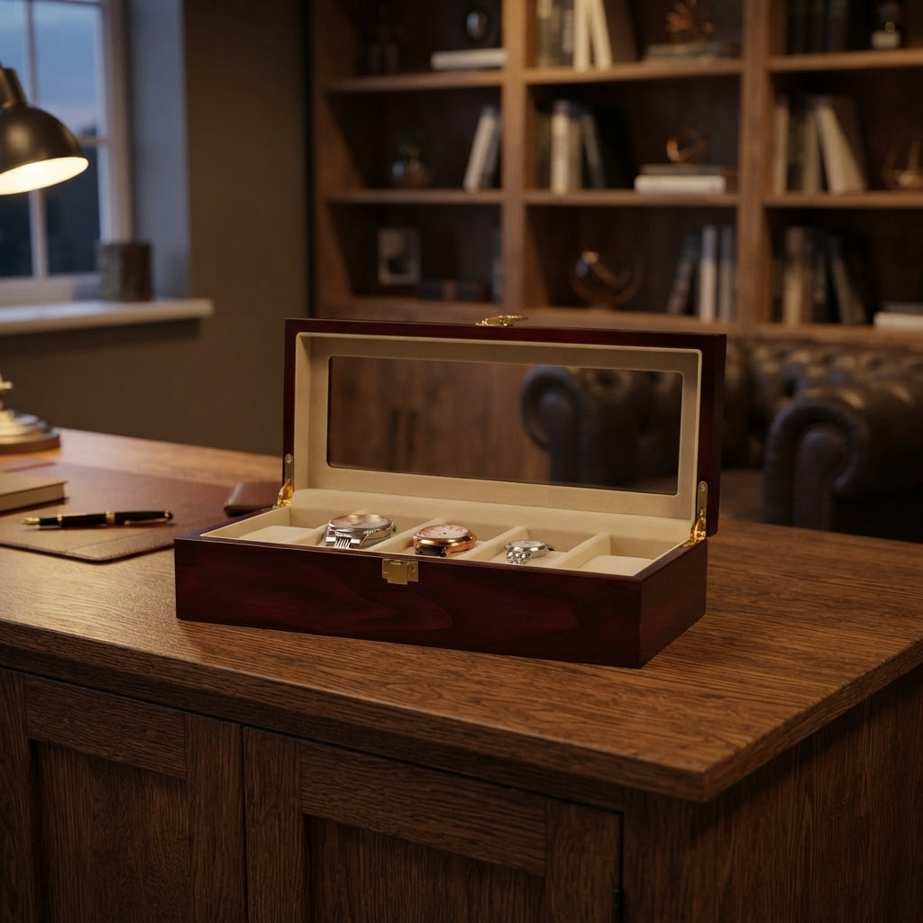 Boîte à Montres 5 Compartiments – Palais-Royal, mise en situation sur un bureau en bois, finition bois laqué bordeaux, avec montres
