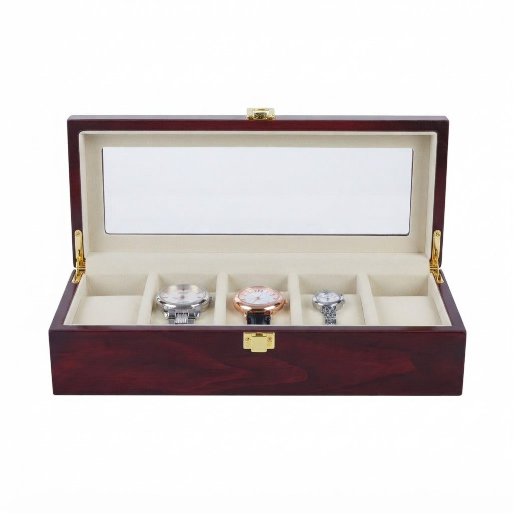 Boîte à Montres 5 Compartiments – Palais-Royal, vue de face sur fond clair, finition bois laqué bordeaux, avec montres