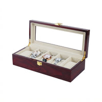 Boîte à Montres 5 Compartiments – Palais-Royal, vue de trois quarts sur fond clair, finition bois laqué bordeaux, avec montres