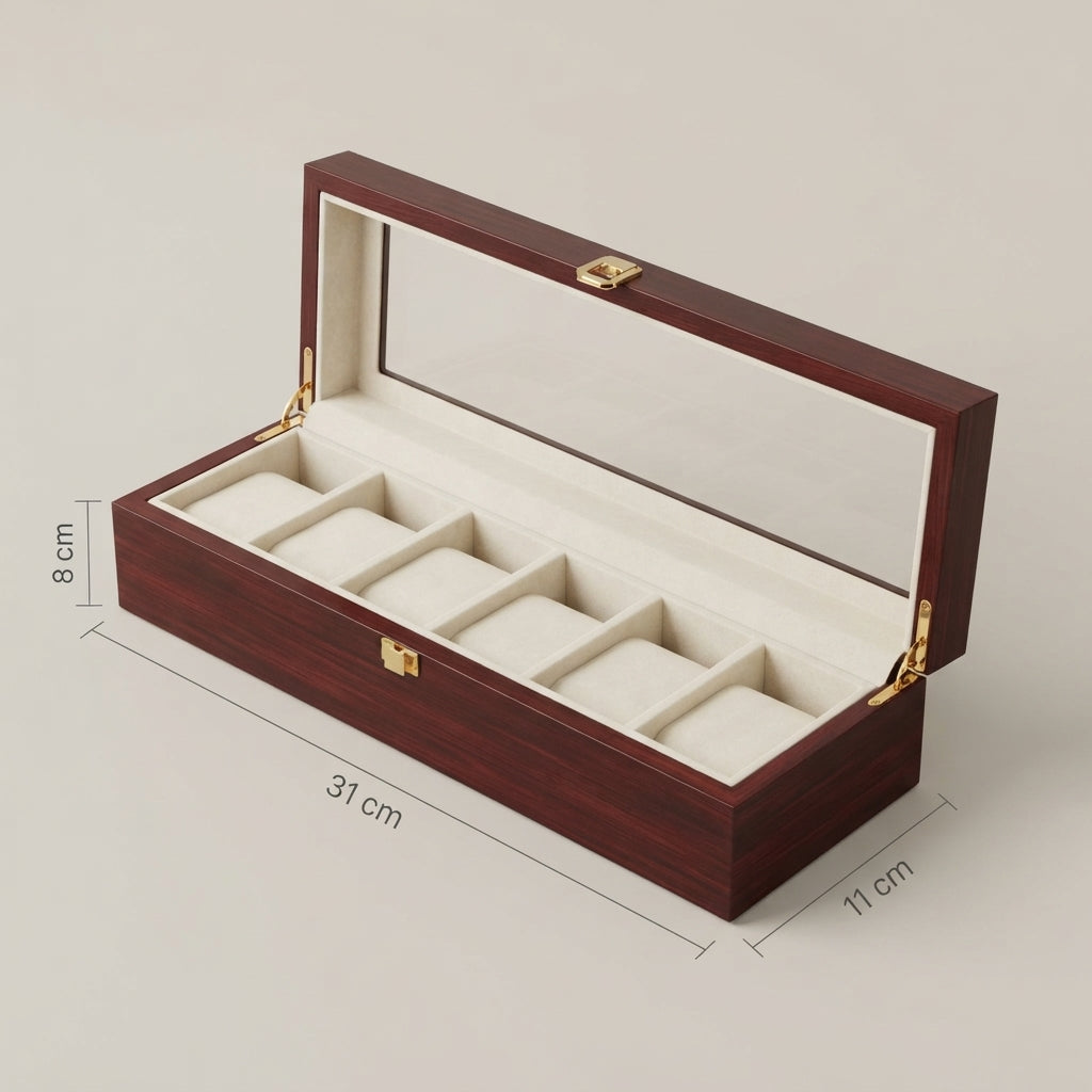 Boîte à Montres 6 Compartiments – Bastille, schéma des dimensions, finition bois laqué bordeaux
