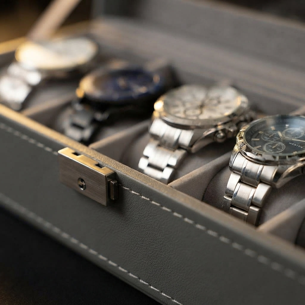 Boîte à Montres 6 Compartiments – Cluny, gros plan sur les finitions, finition Gris Perle, avec montres
