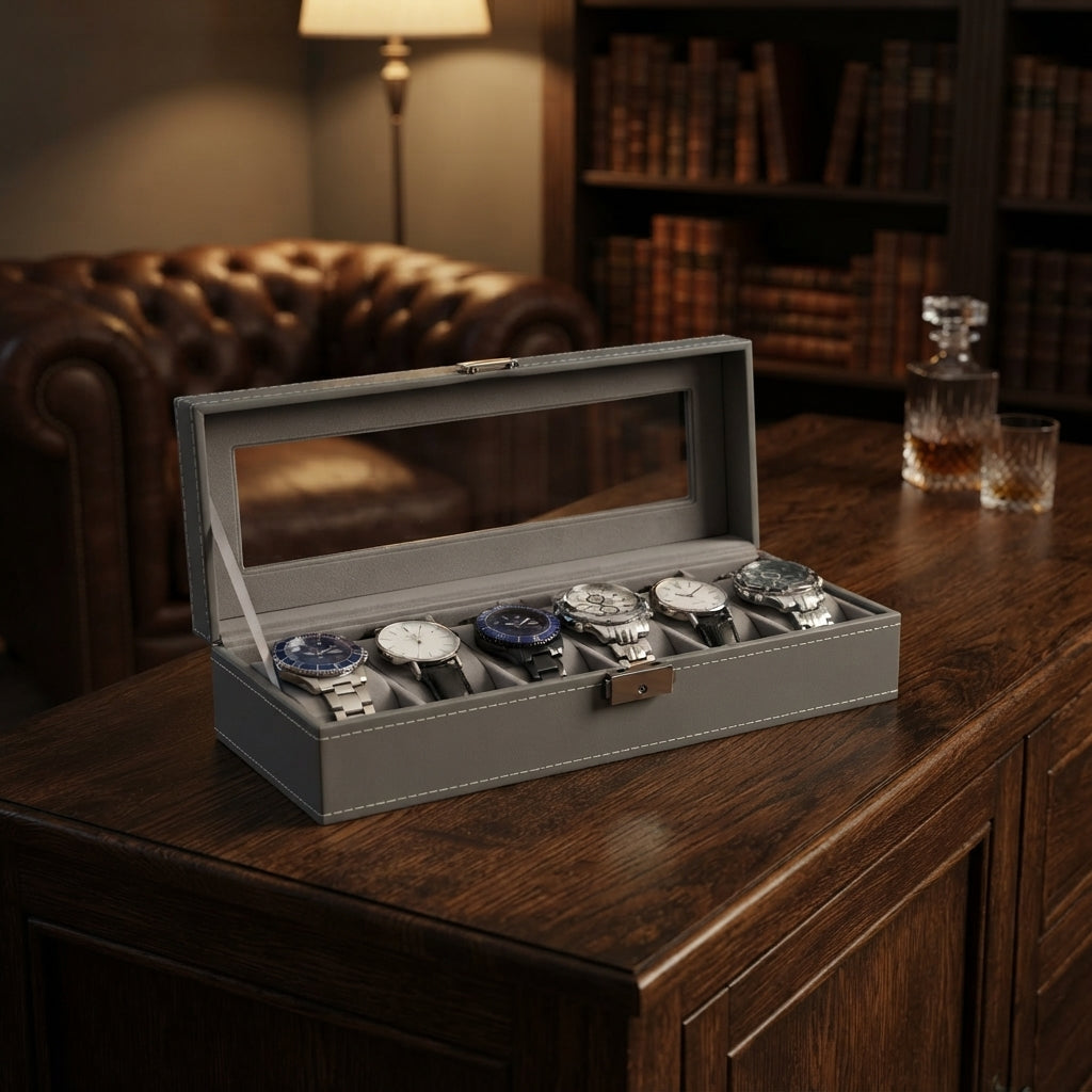 Boîte à Montres 6 Compartiments – Cluny, mise en situation sur un bureau en bois, finition Gris Perle, avec montres