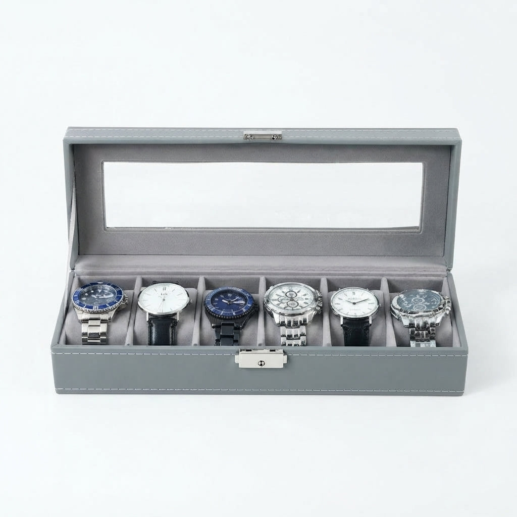 Boîte à Montres 6 Compartiments – Cluny, vue de face sur fond clair, finition Gris Perle, avec montres