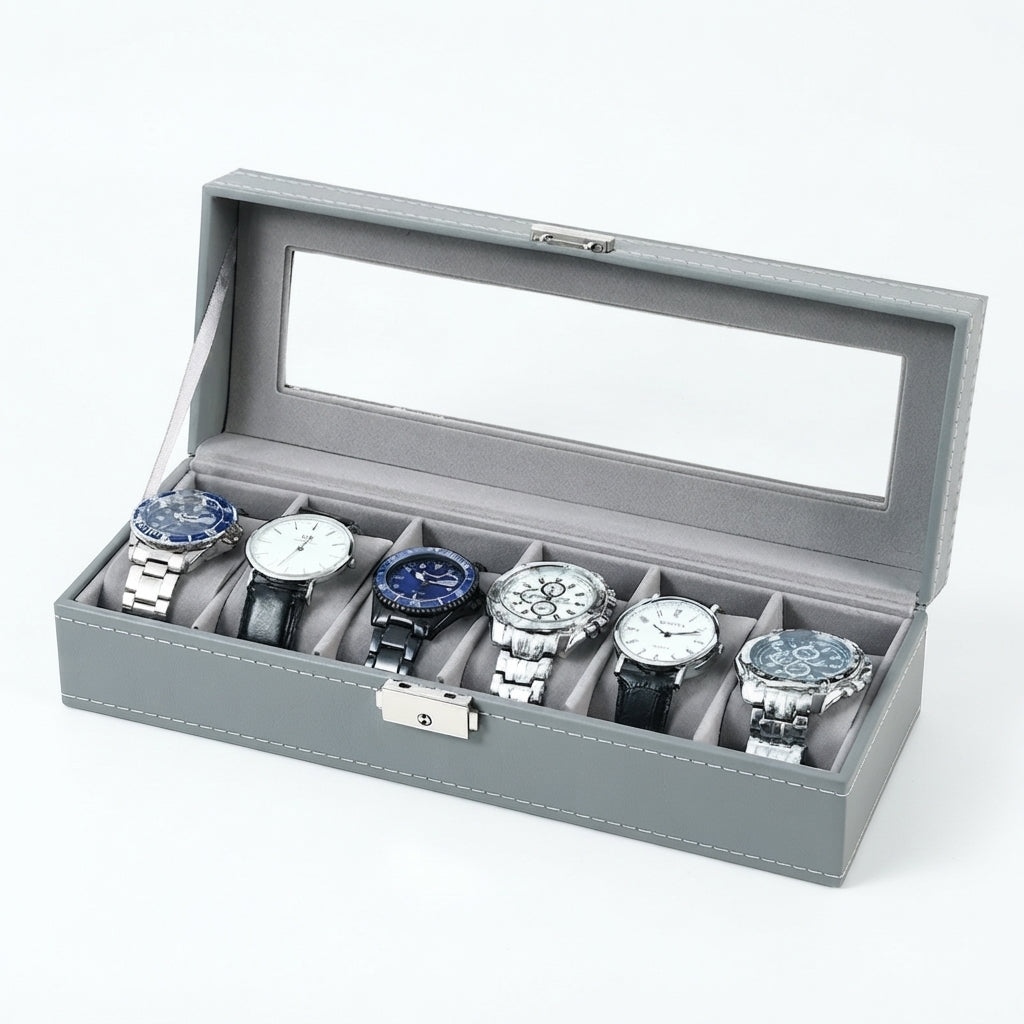 Boîte à Montres 6 Compartiments – Cluny, vue de trois quarts sur fond clair, finition Gris Perle, avec montres
