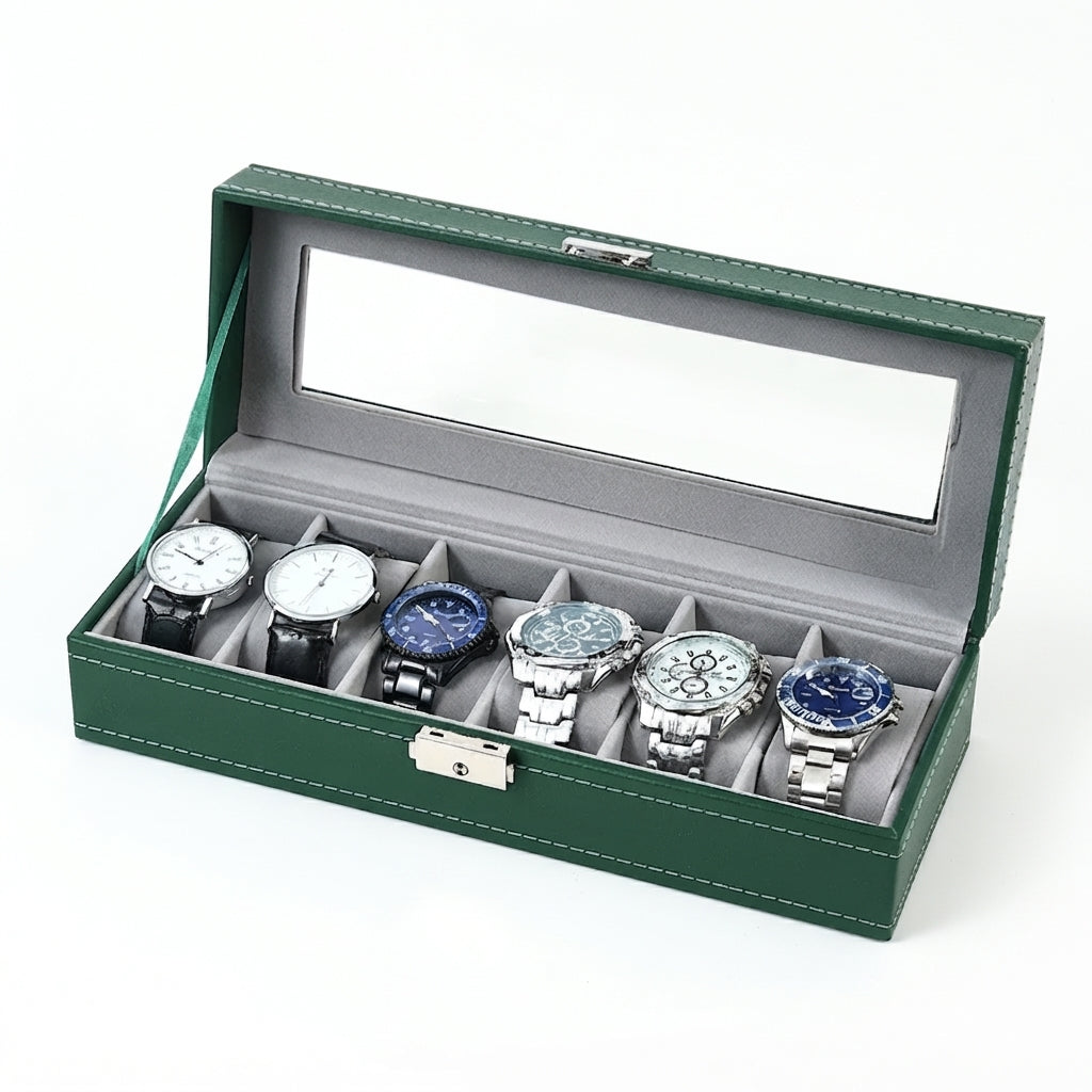 Boîte à Montres 6 Compartiments – Cluny, vue de trois quarts sur fond clair, finition Vert Forêt, avec montres