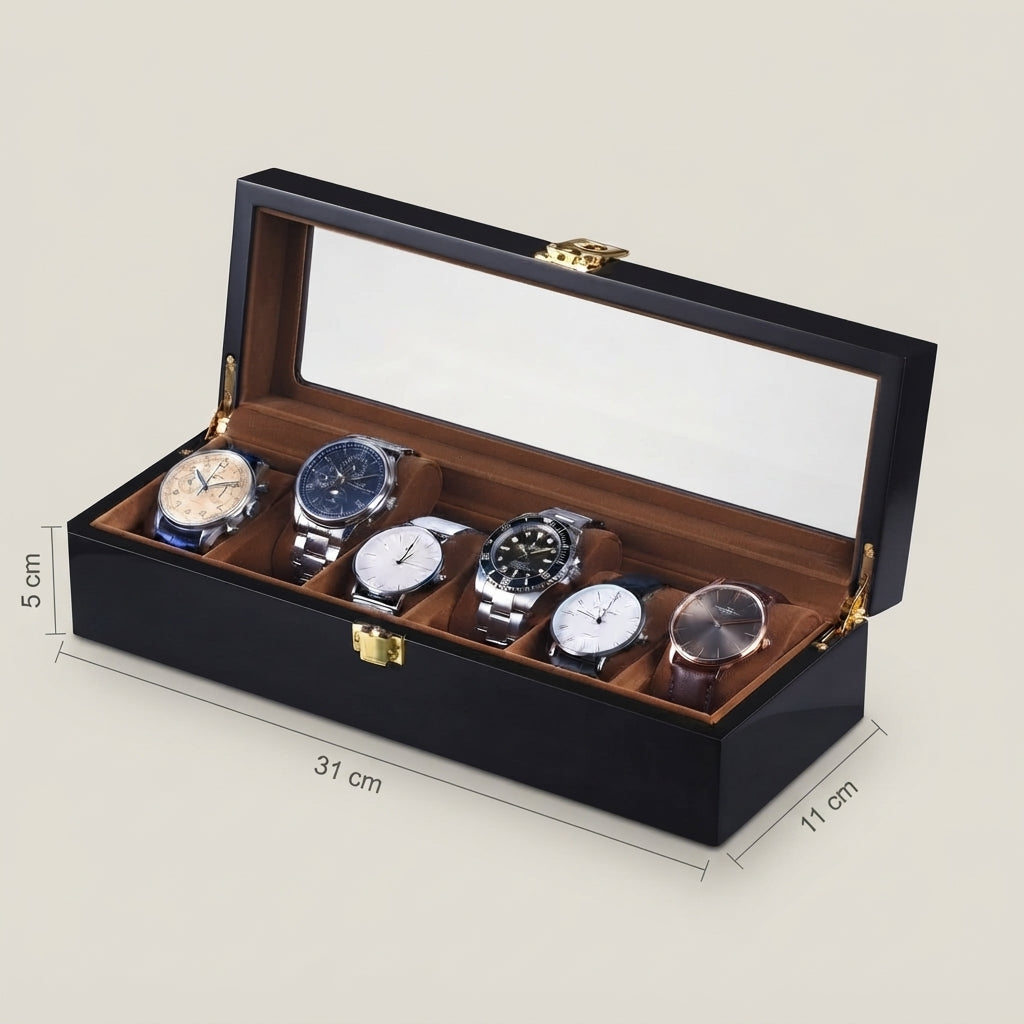 Boîte à Montres 6 Compartiments – Duroc, schéma des dimensions, finition noire, avec montres
