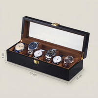 Boîte à Montres 6 Compartiments – Duroc, schéma des dimensions, finition noire, avec montres