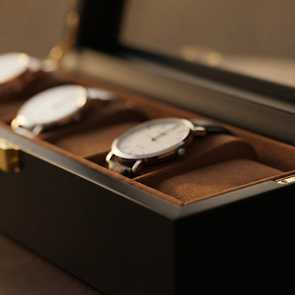 Boîte à Montres 6 Compartiments – Duroc, gros plan sur les finitions, finition noire, avec montres