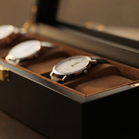 Boîte à Montres 6 Compartiments – Duroc, gros plan sur les finitions, finition noire, avec montres
