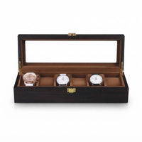 Boîte à Montres 6 Compartiments – Duroc, vue de face sur fond clair, finition noire, avec montres