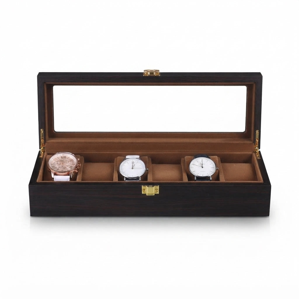 Boîte à Montres 6 Compartiments – Duroc, vue de face sur fond clair, finition noire, avec montres