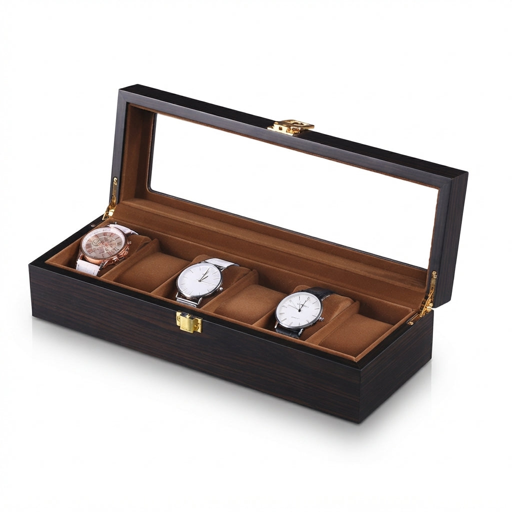 Boîte à Montres 6 Compartiments – Duroc, vue de trois quarts sur fond clair, finition noire, avec montres