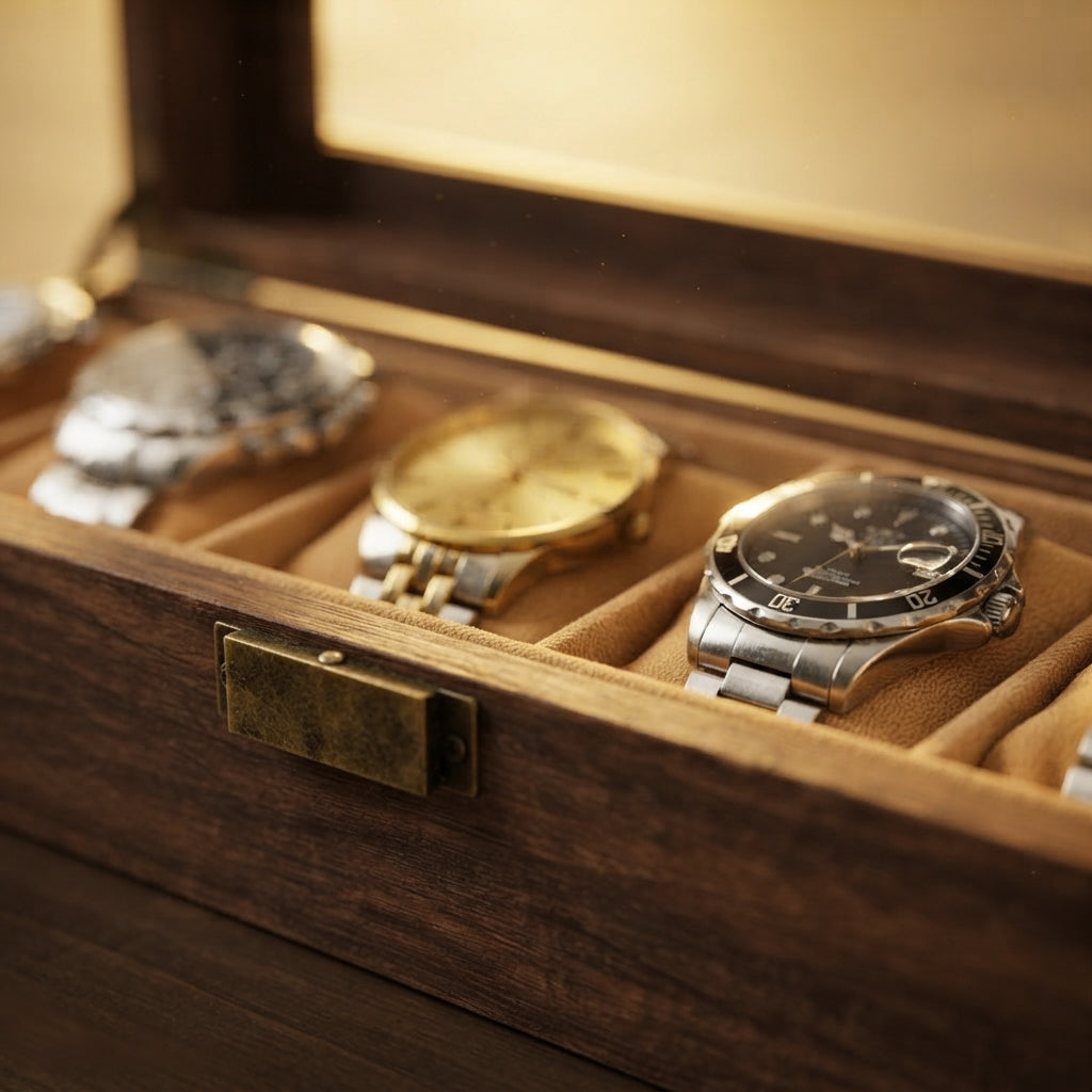 Boîte à Montres 6 Compartiments – Jasmin, gros plan sur les finitions, finition noyer, avec montres