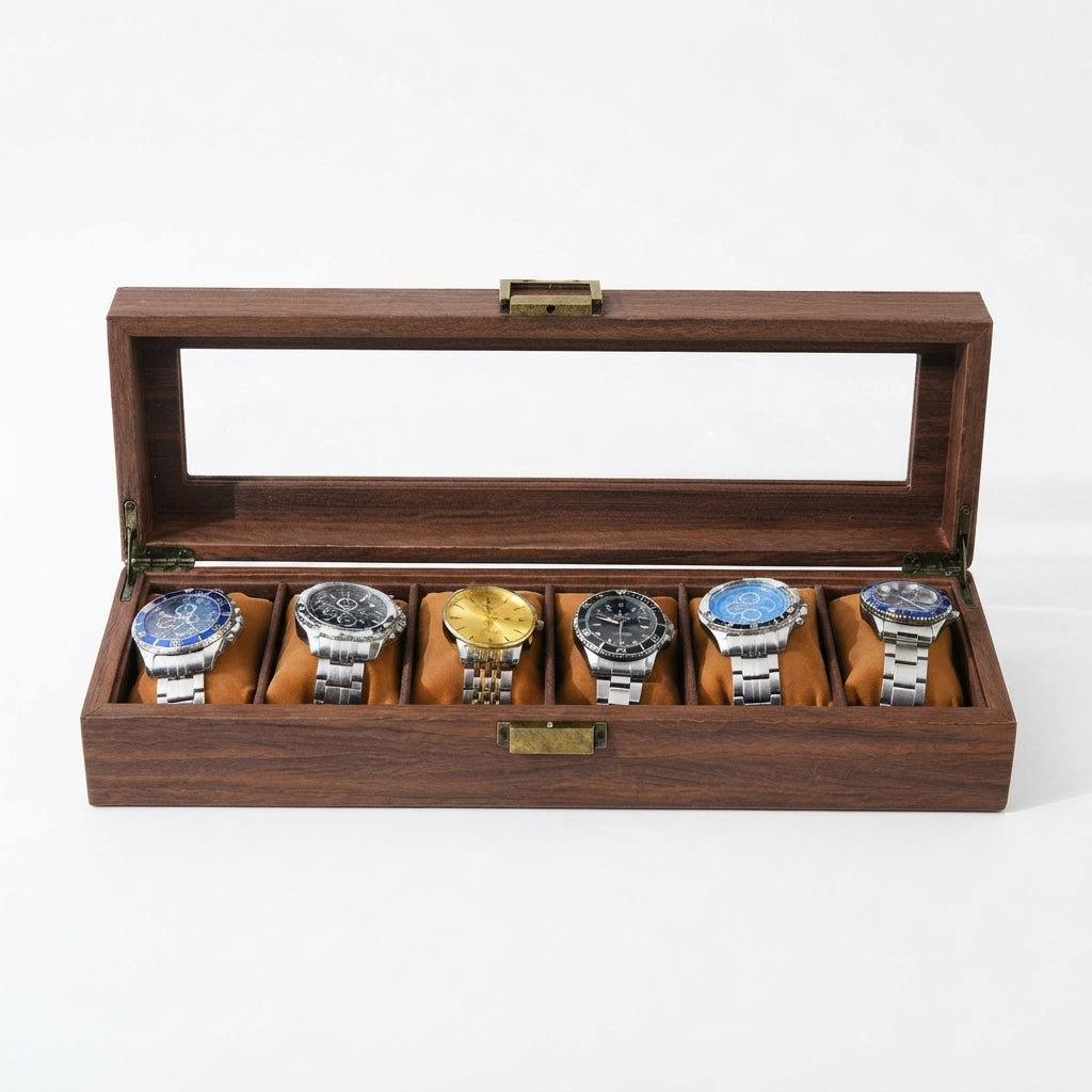 Boîte à Montres 6 Compartiments – Jasmin, vue de face sur fond clair, finition noyer, avec montres