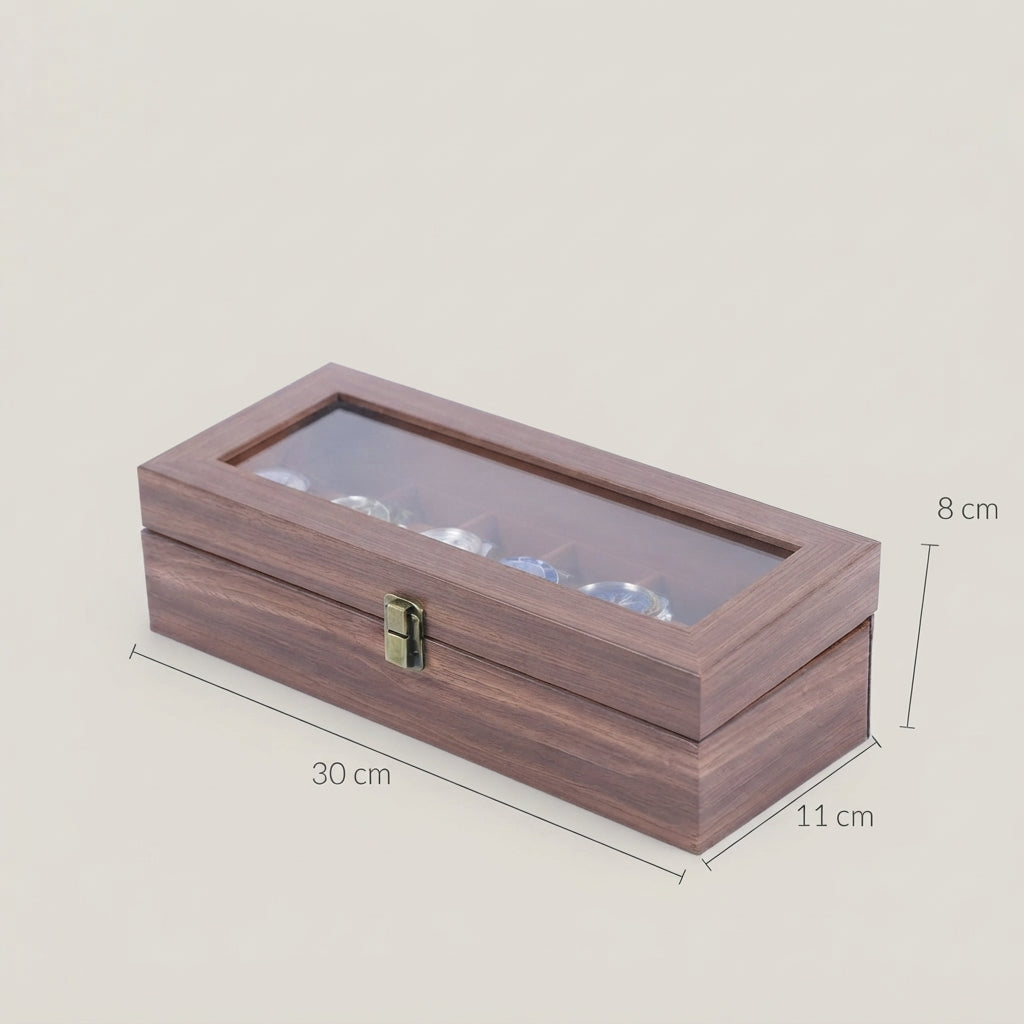 Boîte à Montres 6 Compartiments – Ranelagh, schéma des dimensions, finition brun foncé, fermée