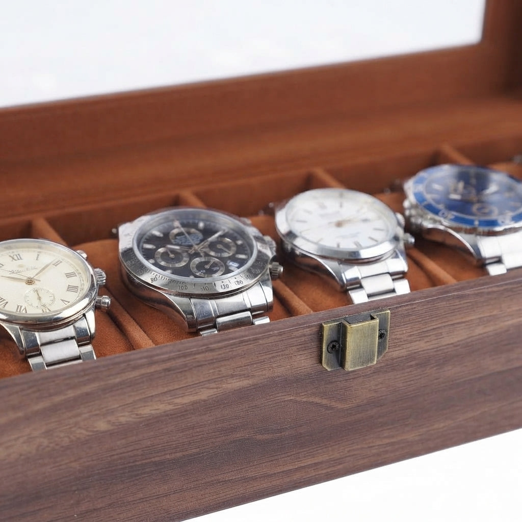 Boîte à Montres 6 Compartiments – Ranelagh, gros plan sur les finitions, finition brun foncé, avec montres