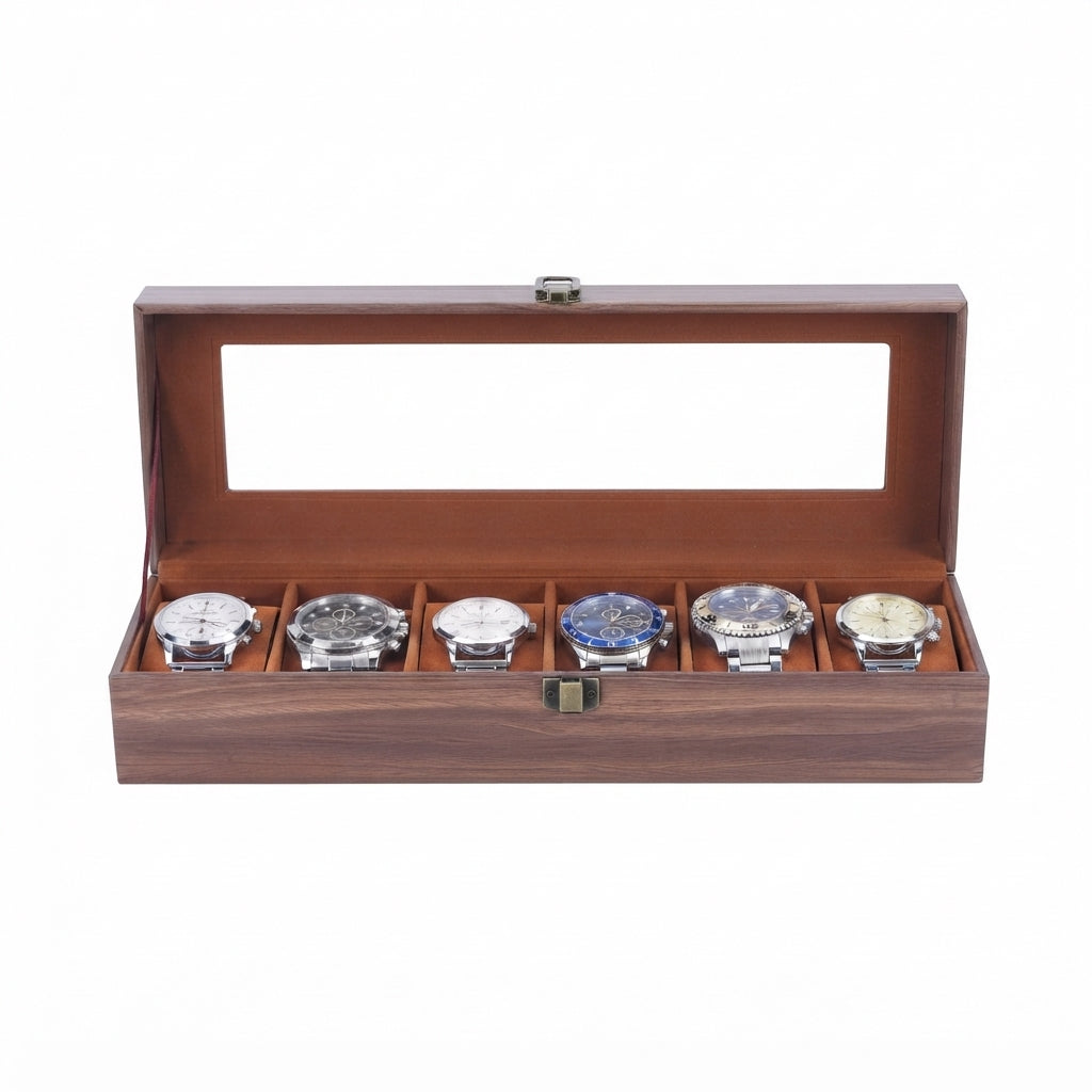 Boîte à Montres 6 Compartiments – Ranelagh, vue de face sur fond clair, finition brun foncé, avec montres