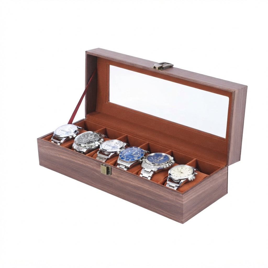 Boîte à Montres 6 Compartiments – Ranelagh, vue de trois quarts sur fond clair, finition brun foncé, avec montres